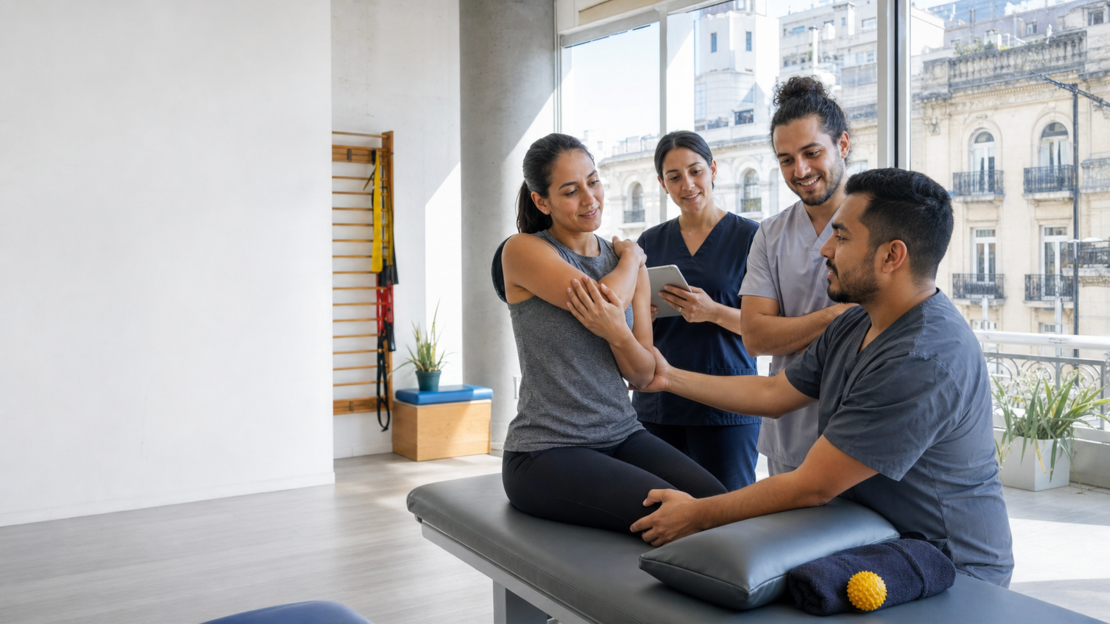 Profesionales de la kinesiología trabajando en equipo durante una evaluación de movilidad